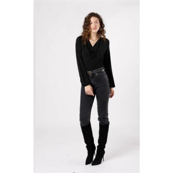 BAND OF THE FREE BOG AGGIE BLACK COWL NECK BODYSUIT BALLOON SLEEVES SIZE L-NEW - Picture 2 of 7